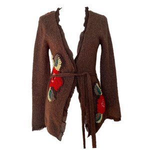 Relais Women's Brown Floral Embordered Long Sleeve Belted Sheer Trim Sweater M